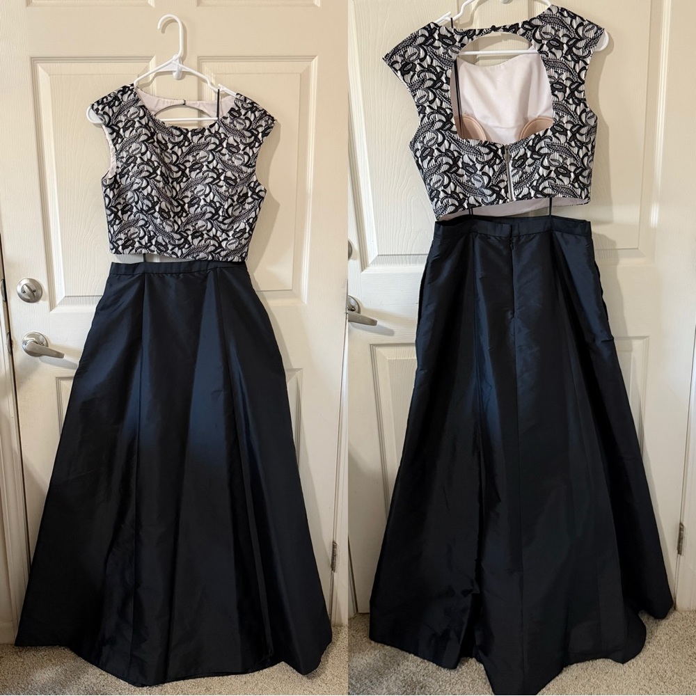 Two-piece formal black and white evening gown by Aidan Mattox, size US 10